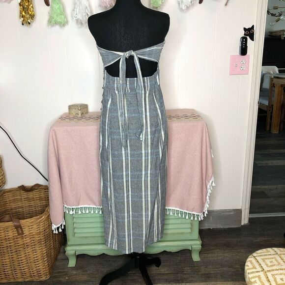 Free People Womens Plaid Strapless Midi Dress Gray Light Blue Size Small Petite - Picture 2 of 7